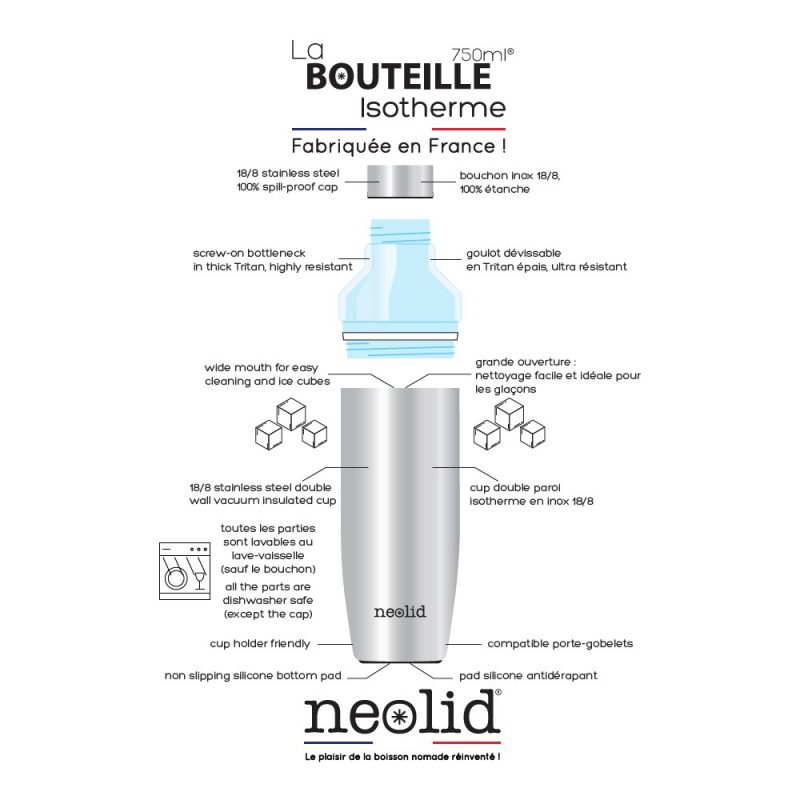 Bouteille Neolid 75 cl, bouteille en 3 parties avec large goulot